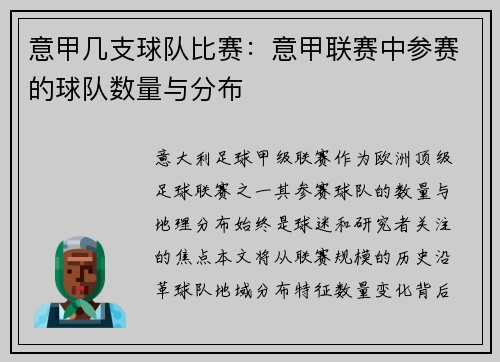 意甲几支球队比赛：意甲联赛中参赛的球队数量与分布