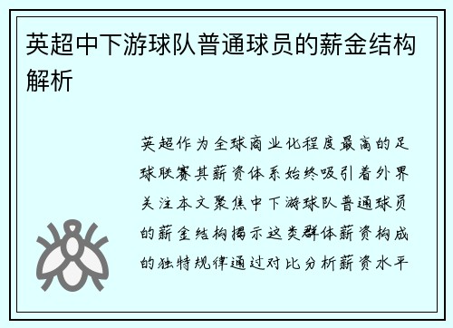 英超中下游球队普通球员的薪金结构解析
